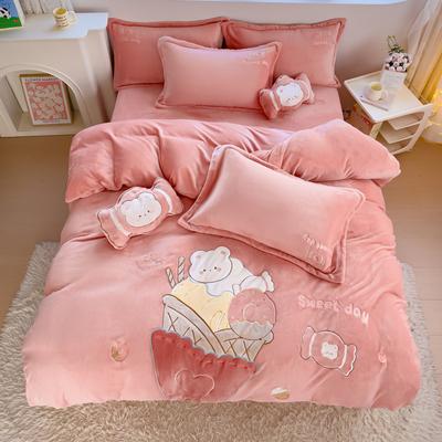 Juego de cuatro piezas de terciopelo de leche con bordado de parche más funda de edredón de terciopelo de doble cara engrosada de terciopelo juego de cama de tres piezas de dibujos animados lindo
