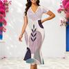 Women Plus Size Geometric Printed V Neck Short Sleeve Fitted Fishtail Dress Black Orange White