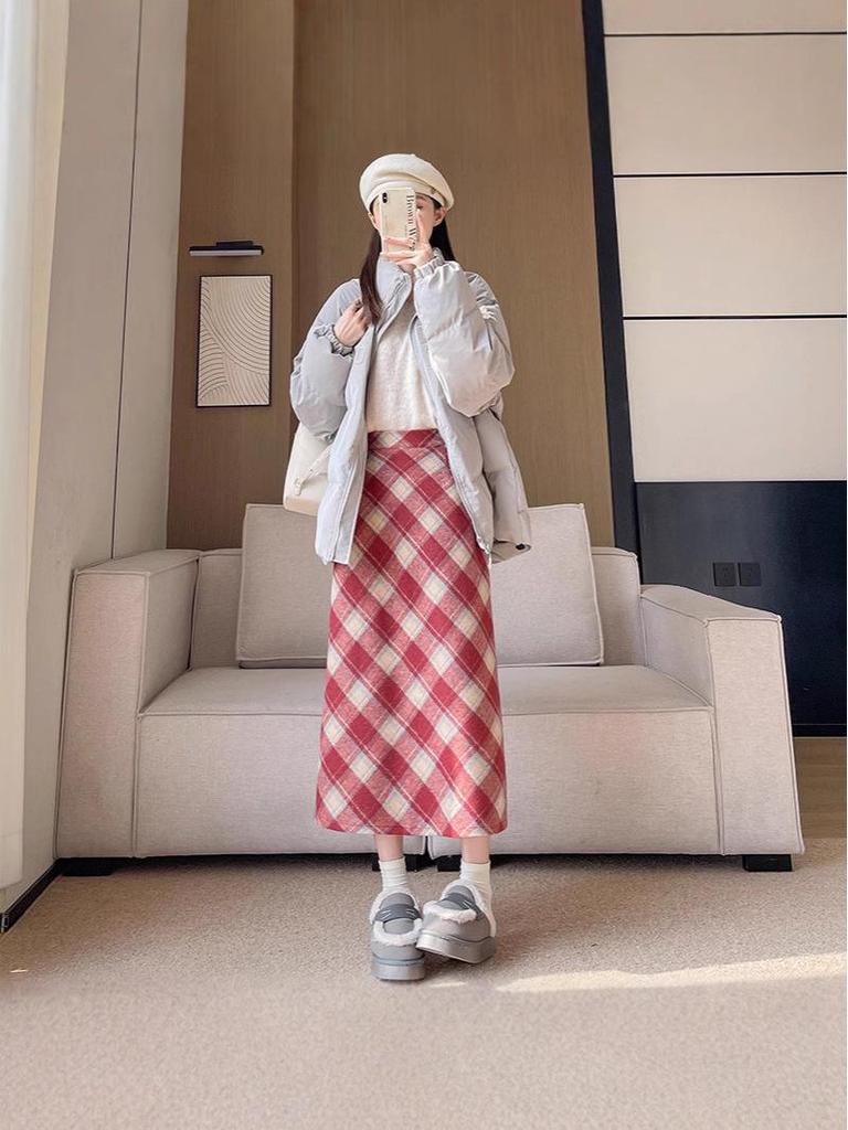 Autumn-Winter High Waist Wool Plaid A-Line Midi Skirt