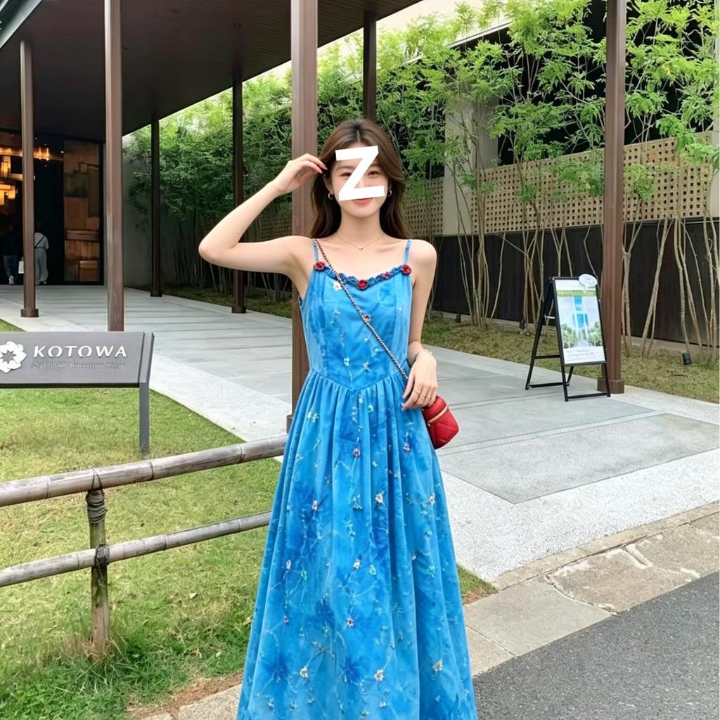 French sapphire blue long dress for women's summer waist and thin temperament elegant embroidery tie-dye suspender A-shaped skirt