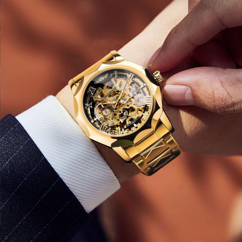 WINNER Men's Skeleton Automatic Mechanical Watches Polygonal Hollow Bottom Self Winding Wristwatch Stainless Steel Waterproof Luminous Watches for Men
