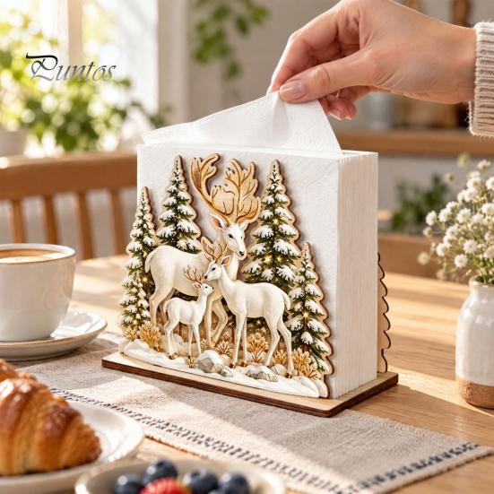 Sturdy Wood Tissue Holder Wooden Christmas Reindeer Napkin for Dining Table, Winter Forest Table Decor Theme Decorative Stand, Festive Kitchen