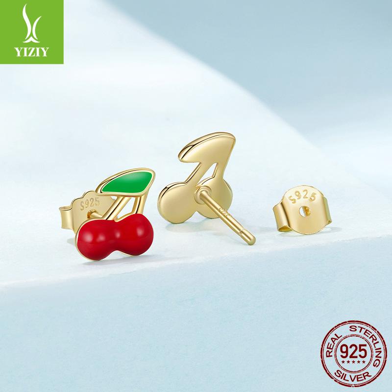 Red Cherry Stud Earrings Female Sweet Girl Heart S925 Sterling Silver Stud Earrings