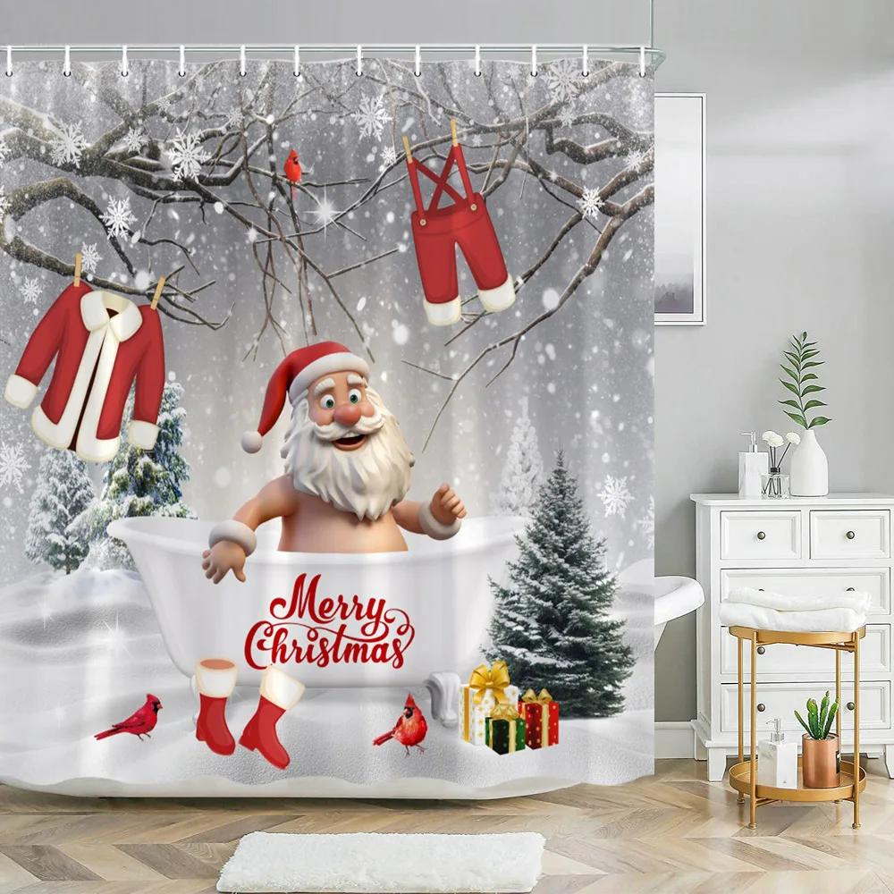 Funny Christmas Animals Shower Curtain Cute Puppy Dinosaur With Christmas Hat Flamingo Fabric Home Bath Curtains Bathroom Decor