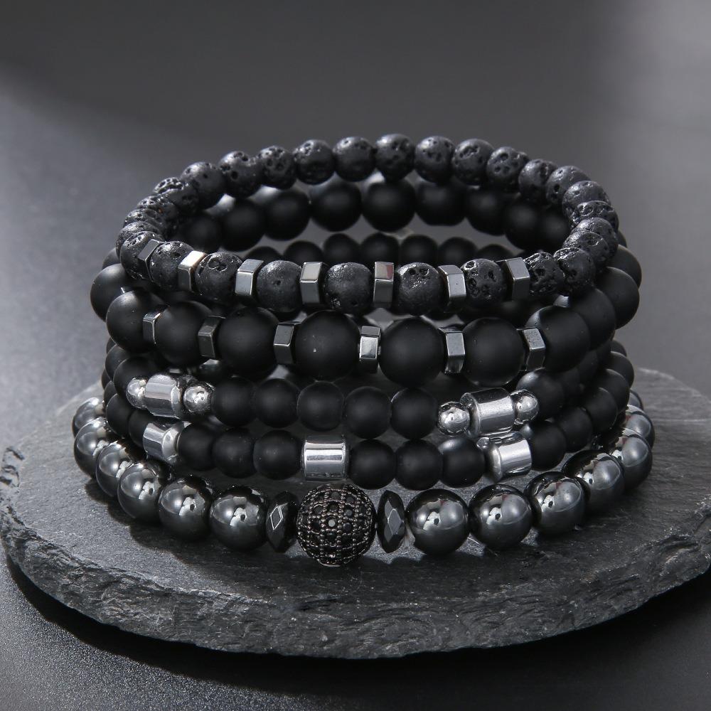 Black Matte Copper Inlaid Zirconium Diamond Ball Flying Saucer Long Bracelet Bracelet Set Wholesale Men's Woven Bracelet