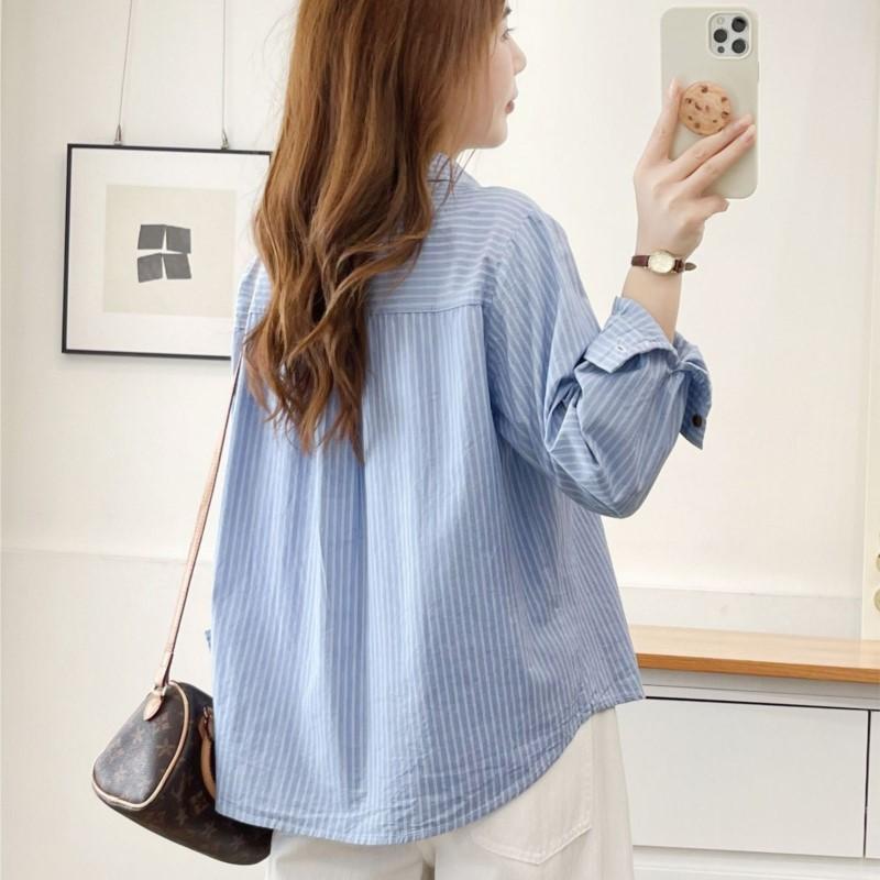 Autumn Women Striped Shirts Long Sleeve Pocket Embroidery Turn-Down Collar Office Lady Tops Loose Female Clothes