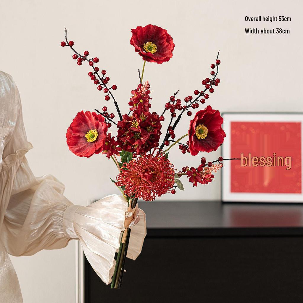 Spring Festival Red Fruit Faux Flower Arrangement for New Year, Wedding, Living Room, or Dining Table Décor