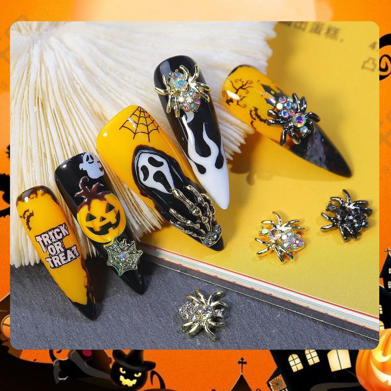 Dark Style Halloween Nail Art Metal Spider & Skull Decorations with Rhinestones
