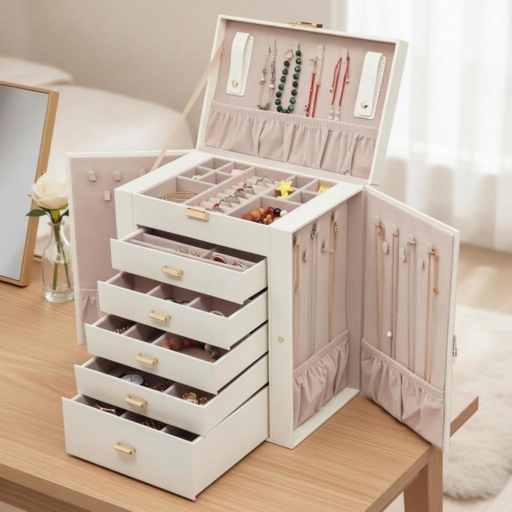 Jewelry Box with Drawers Large Capacity 6-Layer Velvet-Lined for