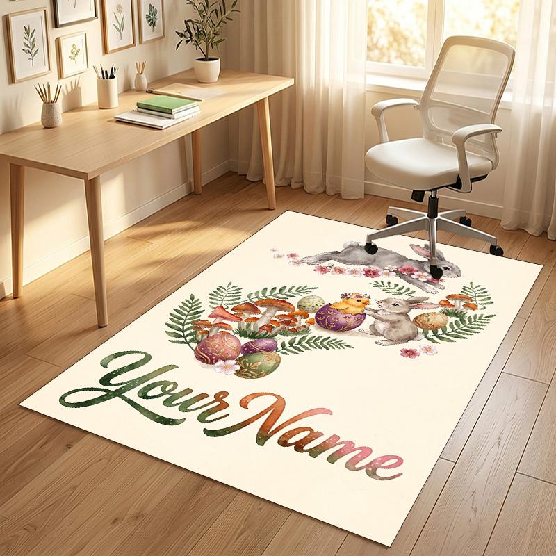 Easter Bunny Theme Crystal Velvet Rug Personalized Custom Name Text Soft Floor Mat Home Decor