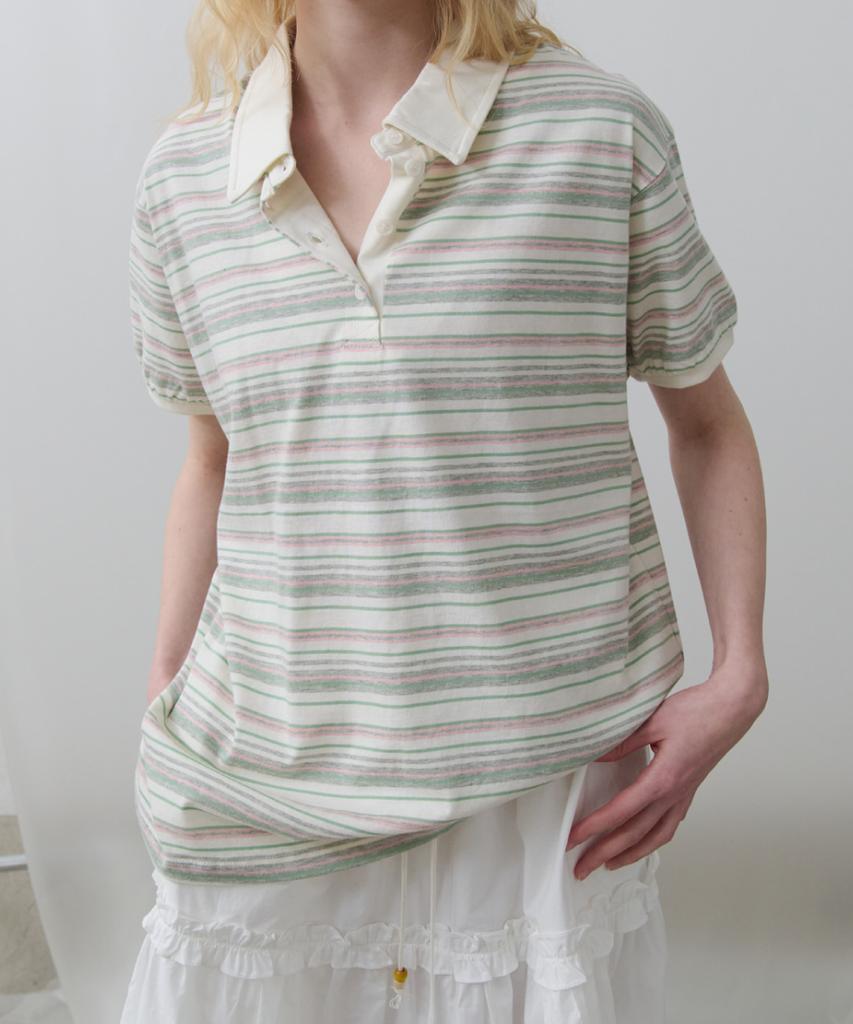 Toabe Sand Half-Open Striped Polo Tee (Pink)