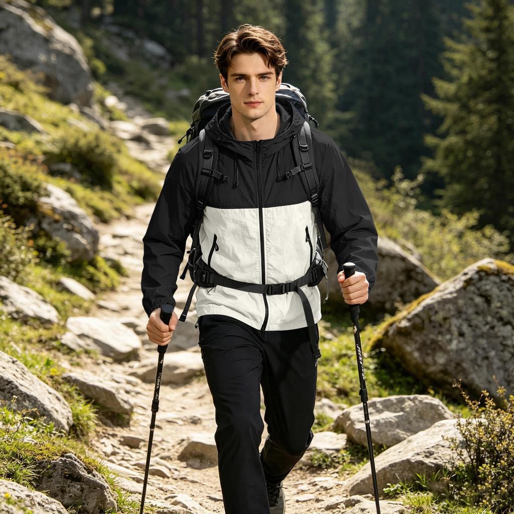 Men's Lightweight Hooded Sun Protection Jacket UV Resistant Outdoor Windbreaker with Zipper Pockets and Adjustable Drawstrings for Travel