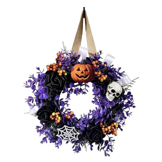 Halloween Fensterdekoration Kränze für Haustür, Totenkopf Kürbis Kranz mit Beeren, Schwarzer Herbst Ernte Hausdeko Rosen, Lila Blätter Türen,