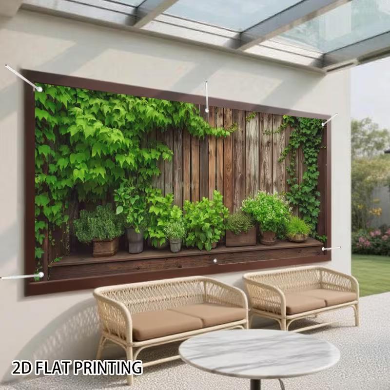 2D Huisje Potplant Groene Plant Klimop Houten Muur Tuin Foto Achtergrond