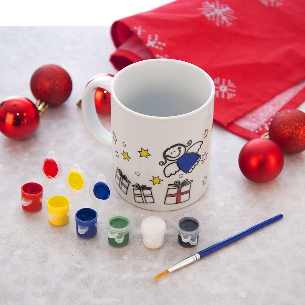 Christmas Mug for Coffee, Tea, Herbs, Homemade Painting + Paint Brush