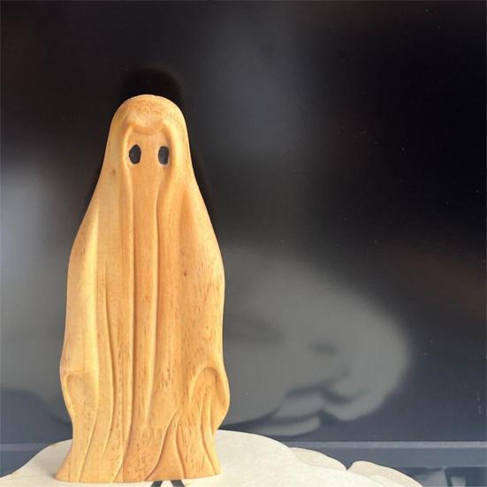 Halloween Ghost Sculpture Creepy Wood Carving Ghost Statue Figurine Table Sign Home Office Desktop Decoration Ornament