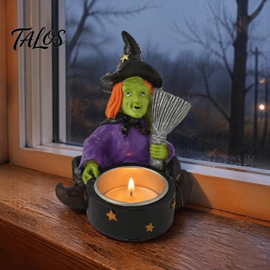 Halloween Skull Candlestick Holder Witch Resin Candle Holder, Spooky Star Cup Tealight Stand Decorative with Metal Heatproof Liner, Gothic Tabletop