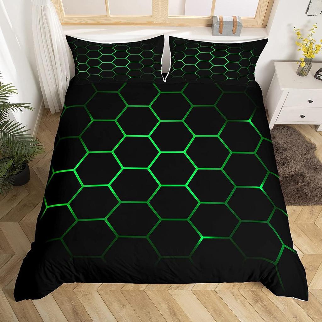 Honeycomb Duvet Cover Set Twin Queen Size, Geometric Hexagon Bedding Set For Boys Men Room Decor, Modern Style Comforter Cover