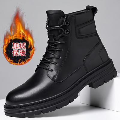 First-layer Cowhide British Style Martin Boots Men's Thick-soled Side Zipper Boots Popular High-top Velvet Men's Boots Men's Shoes