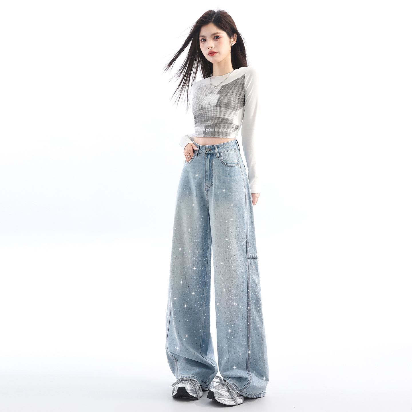 Women s High-Waisted Rhinestone Wide-Leg Jeans - Fashionable, Slimming, Floor-Length for Spring/Autumn M
