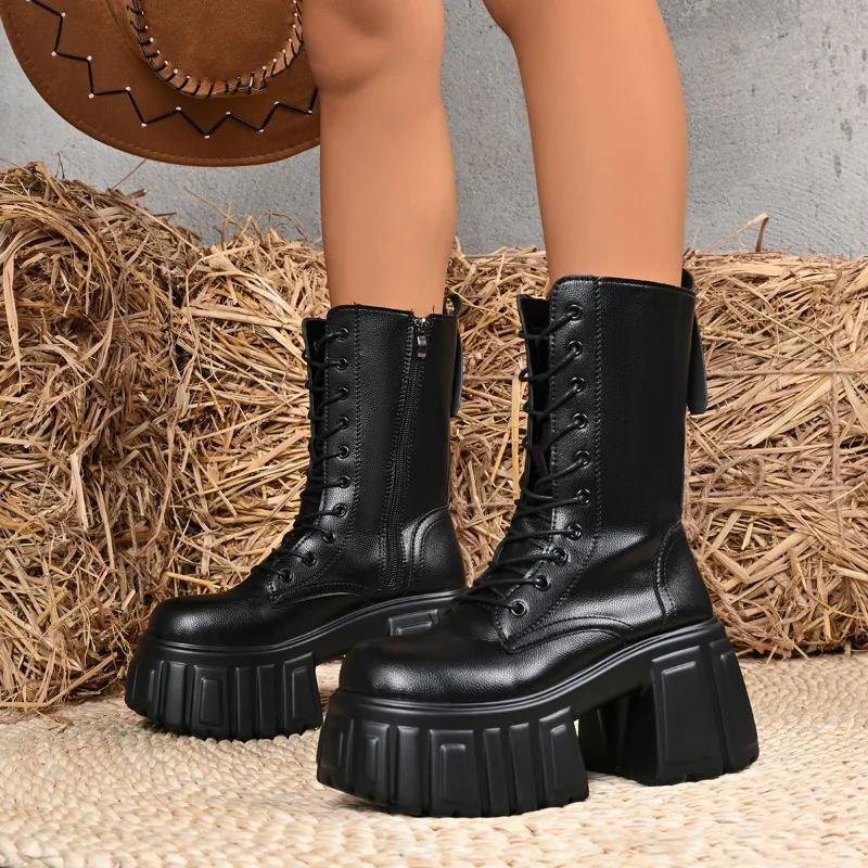 Fashion Women's Autumn and Winter Small Tall Stylish and Versatile Booties Super High Heel Platform Mid-Tube Boots