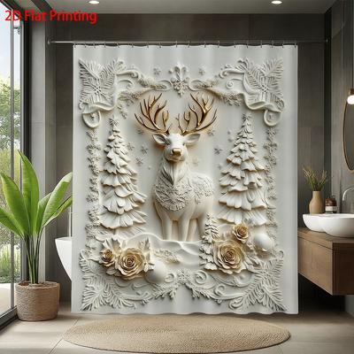 1PC Imitation Relief Christmas Reindeer Print Waterproof Shower Curtain Partition Privacy Hanging Curtain 12 Hooks Multiple Size