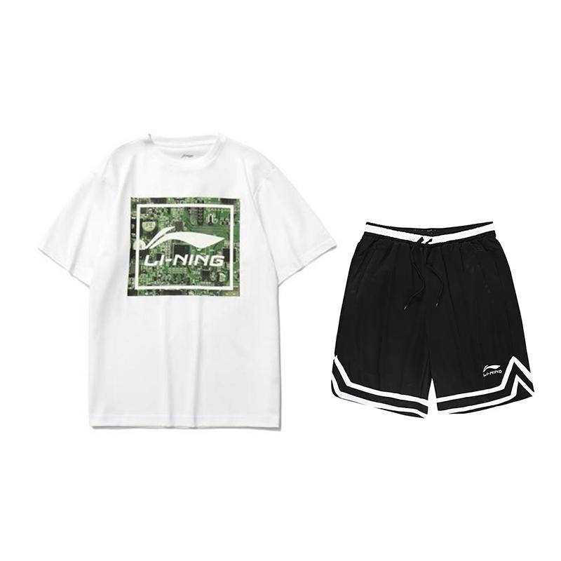 

Li-Ning Letter Logo Print Loose Round Neck Short Sleeve Simple Mid Waist Tied Shorts Casual Sports Suit Unisex suit AHSU999-1+YAPV001-1