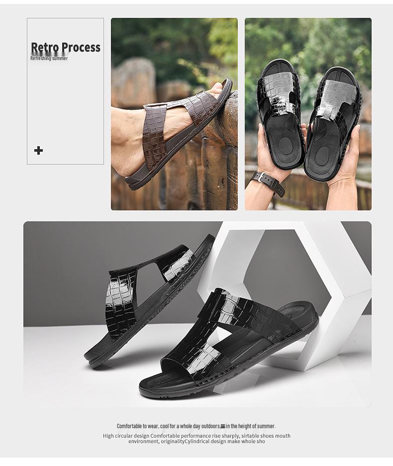 Men's Korean Style Embossed Cowhide Flip-Flops - Crocodile Pattern Single Strap Beach Sandals