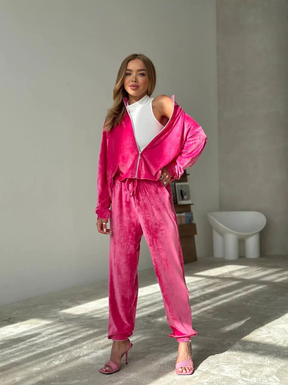 

Европейский и американский осенний велюровый костюм-двойка на молнии: Топ с длинным рукавом, эластичной талией и брюки с манжетами и карманами для женщин M