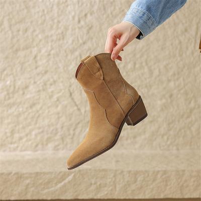Moda Otoño 2025 Botas de Mujer de Ante Vacuno Punta Afilada Botas de Tacón Grueso para Mujer Botines de Moda Botas de Invierno para Mujer Botas Vaqueras