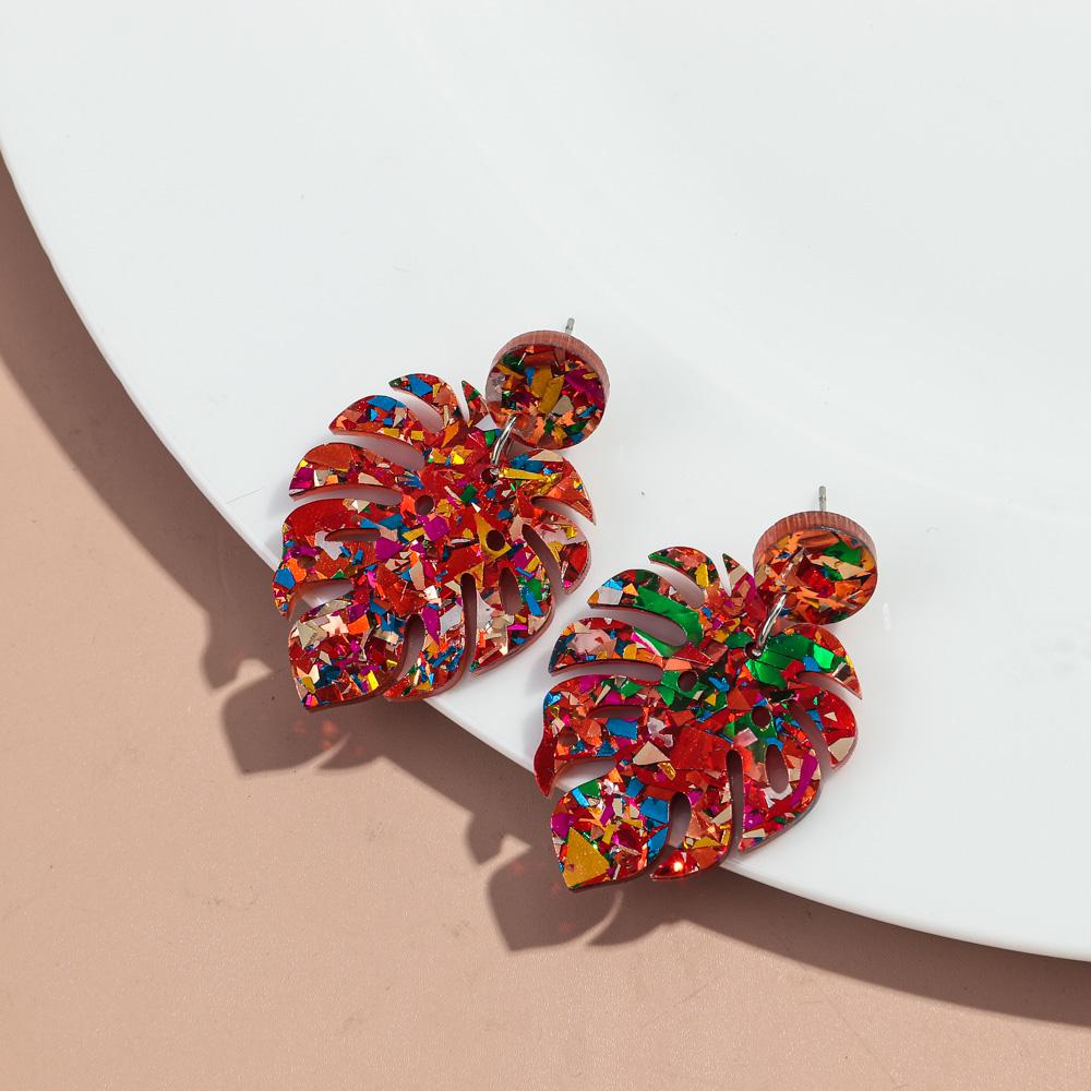 Sequins Acrylic Colorful Monstera Leaf Drop Earrings for Women Exaggerated Tropical Leaves Plant Earrings Fashion Jewelry Gifts