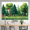2D flat banner, 1 piece of natural forest scenery background fabric, featuring elements such as trees, flowers and grassland.