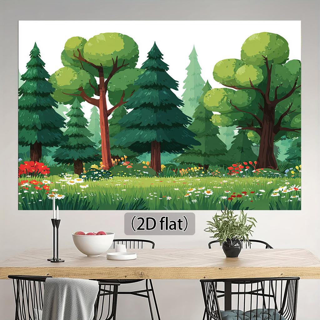 2D flat banner, 1 piece of natural forest scenery background fabric, featuring elements such as trees, flowers and grassland.