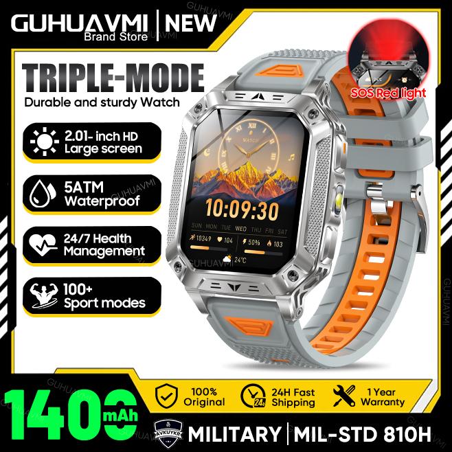 New Outdoors Durable Military Men Smart Watch 1400mAh battery 5ATM Swim LED flashlight+SOS Red Light Sports Call Smartwatch