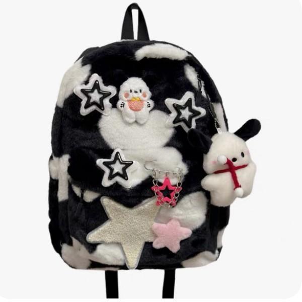 Doll Puppy And Star Decoration Spotted Plush Backpack With Capacity Large