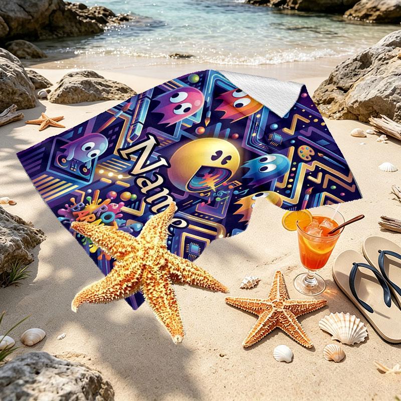 Custom Name Personalized PAC MAN Print Beach Towel, for Trip Camping Beach Party Home Decor, Birthday Gift for Family & Friends