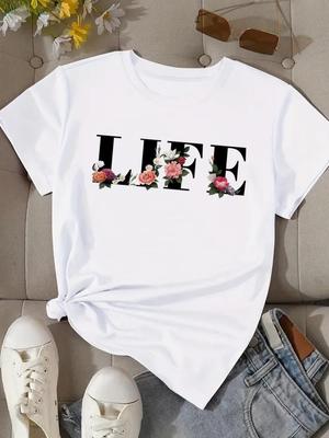 (Asian Size) Tee Top Clothing T Shirt Trend Letter Flower Women Fashion Woman Print Female Short Sleeve Graphic T-shirts