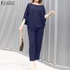 ZANZEA Damskie bluzki i spodnie Casual dwuczęściowe zestawy garniturów
