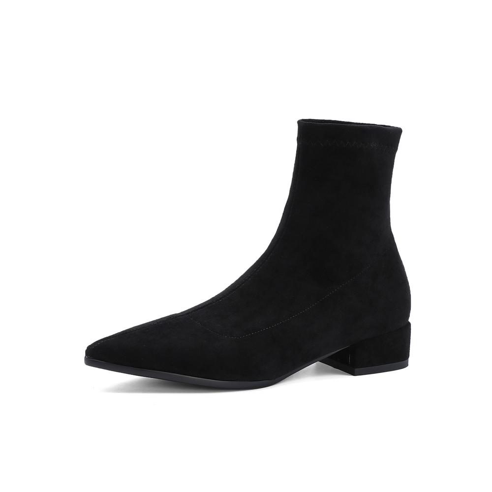 

Autumn Winter Women Ankle Boots Square Low Heels Flock Pointed Boats Casual Comfortable Sock Booties Mujer Pumps Apricot Brown 39