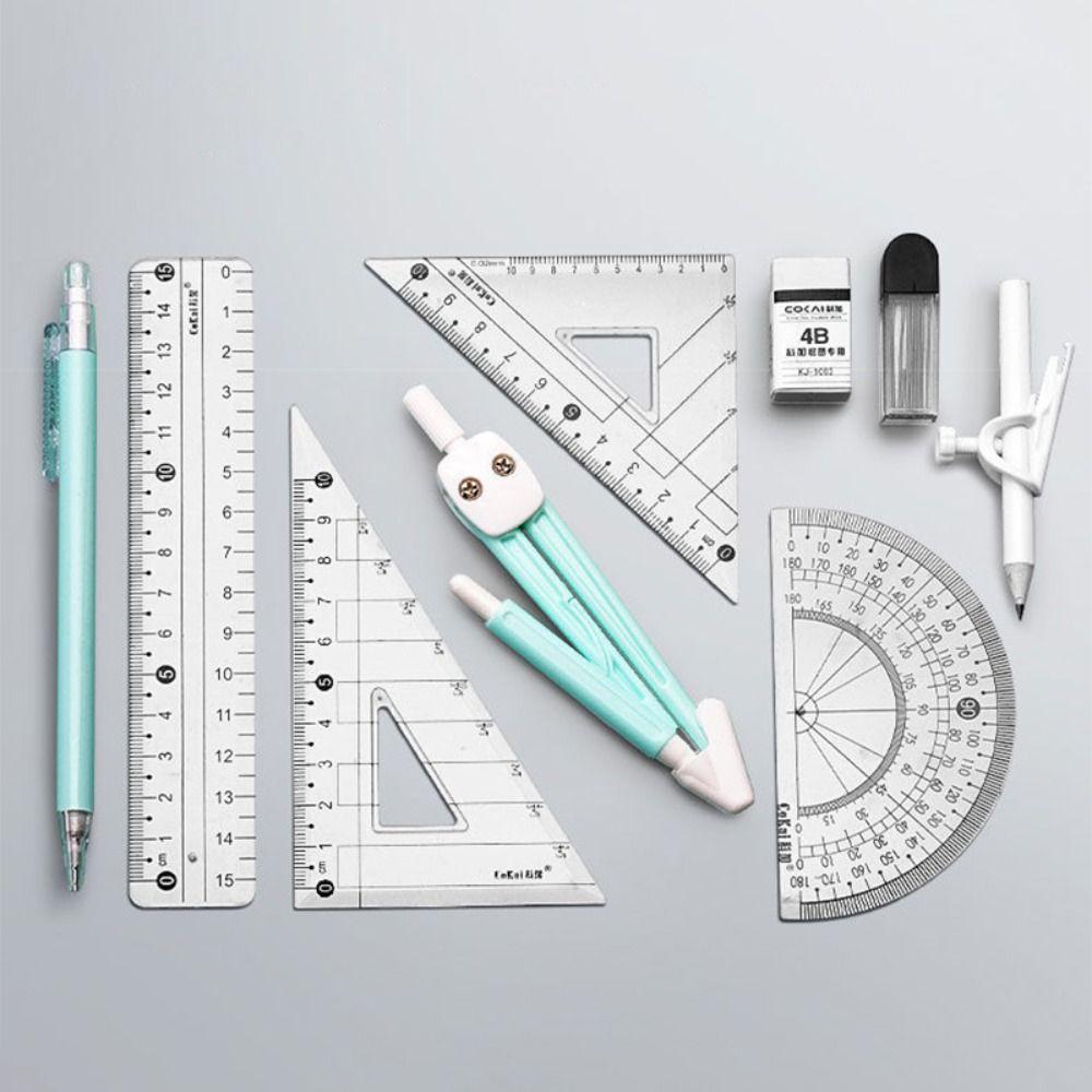 9PCS/Set Eraser Ruler Set Transparent Measuring Ruler Multi-Function Protractor  School Office