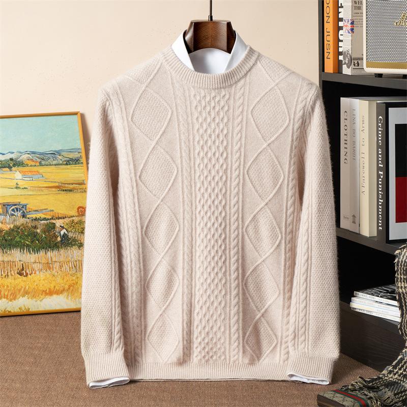 Crew neck solid color seven-needle double-strand thickened idea yarn cashmere sweater men's knitted sweater loose jumper