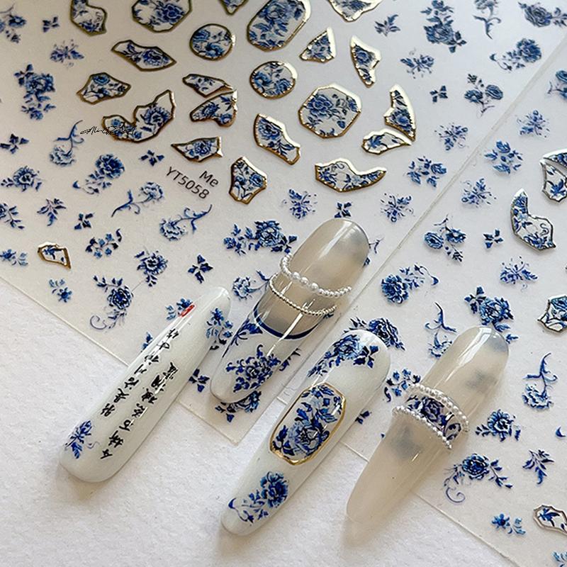 Blue White Porcelain Chinese Style 3D Self Adhesive Nail Art Stickers Flower Silverback Manicure Decals for DIY Salon