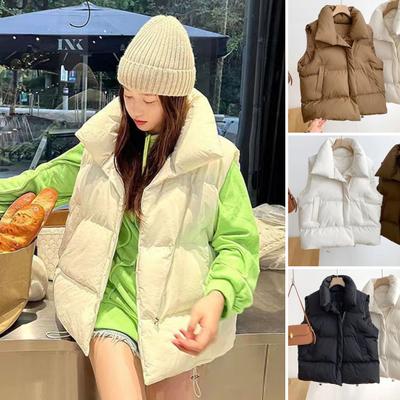 Winter Women Vest Coat Thickened Padded Zipper Closure Turn-down Collar Sleeveless Solid Color Winproof Heat