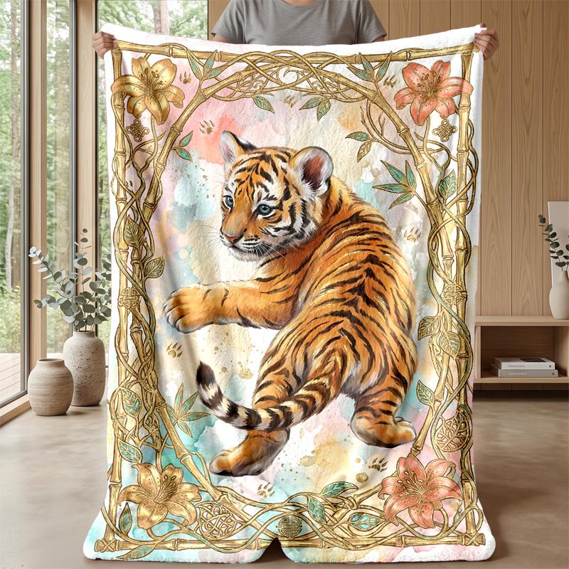 Tiger Bathing In Flowers Theme Blanket Lightweight Warm Flannel Blanket Decorative Throw Blanket for Home Decoration