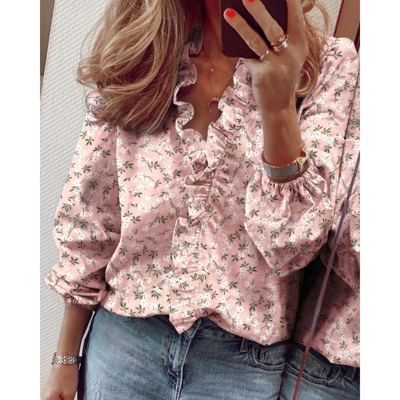 Women Long Sleeve Ruffled Collar Casual Blouse For Summer