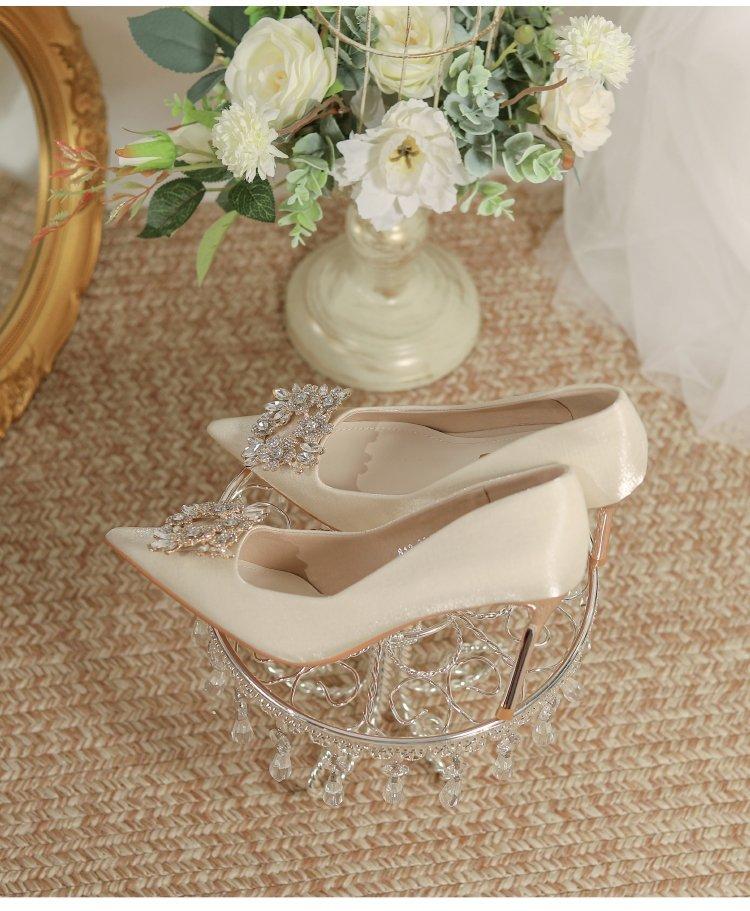 Champagne Colored High Heels Wedding Shoes for Women 2025 New French Cloth Surface Rhinestone Pointed Toe, Slim Heel Shoes Women