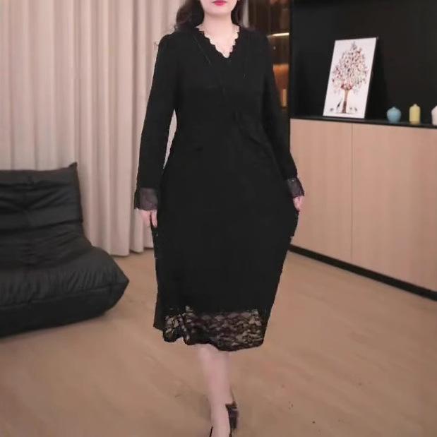 

Spring Luxury Lace Plus Size Dress for Middle-Aged Women 5XL (200-220 jin) чёрный