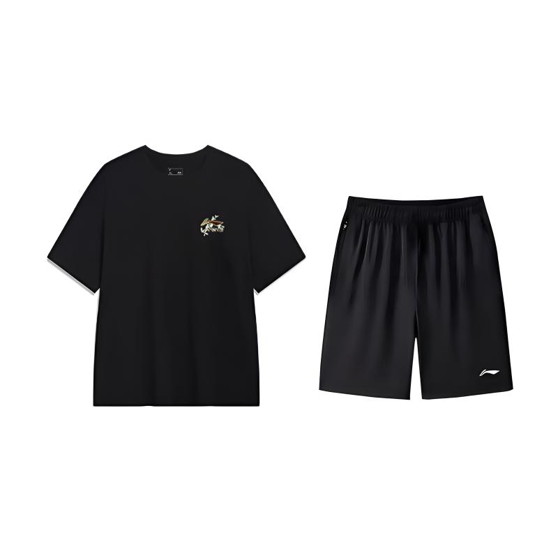 

Li Ning Модный принт логотипа растения Свободный круглый вырез Короткий рукав Удобный повседневный спортивный костюм Комплекты унисекс AHSU973-2+AKSV843-1 XL