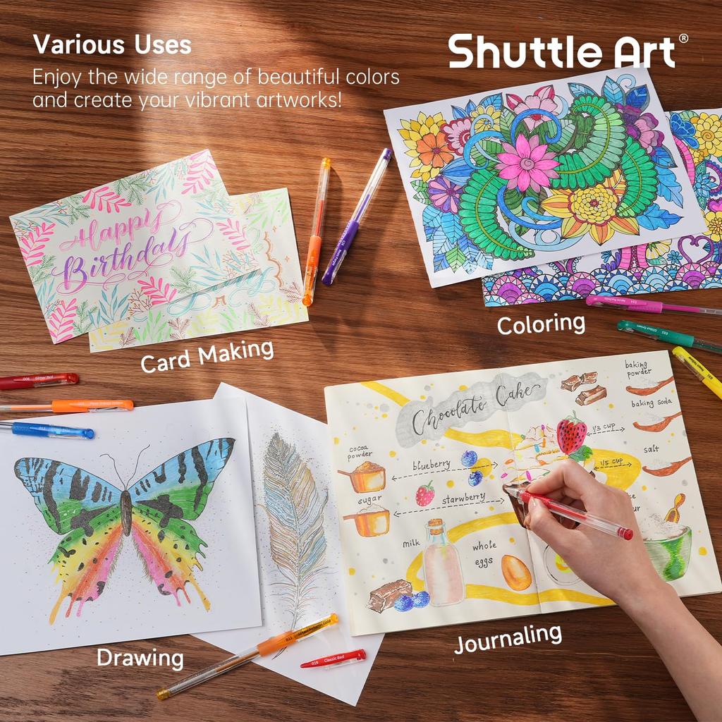 Shuttle Art Gel Ballpoint Gel Set with and Glitter Perfect for and Includes a Portable Tin Case for Easy Perfect for and Pens, 120-Pack, Water-Based