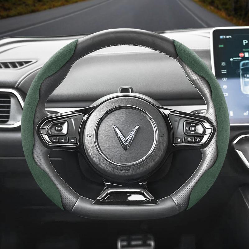 Vcxja9 Suitable for Vinfast Anti-Slip Buckle Segmented Suede Steering Wheel Cover Vf 3 5 6 7 E34 8 9 Herio Limo Green and